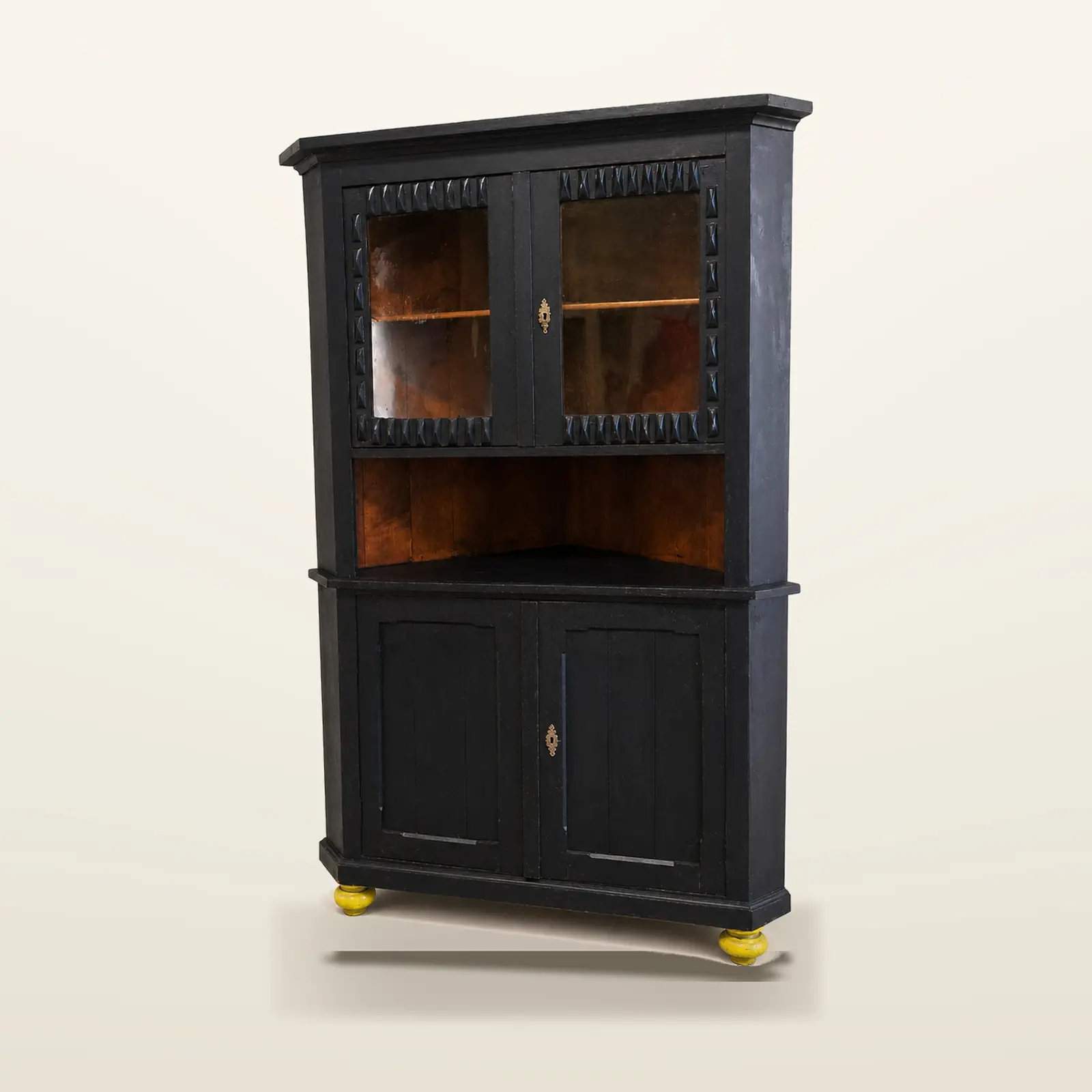 Credenza Nera, Vetrina d'angolo, piedi gialli