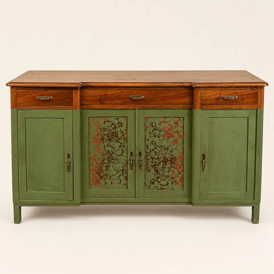 Credenza Verde a Fiori, Credenza lunga, piano in noce, ante dipinte