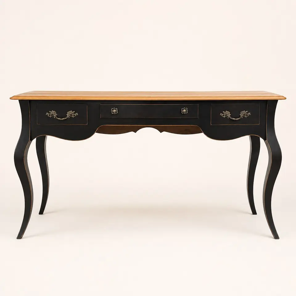 Scrivania Nera, Scrivania a gambe mosse, piano in legno chiaro