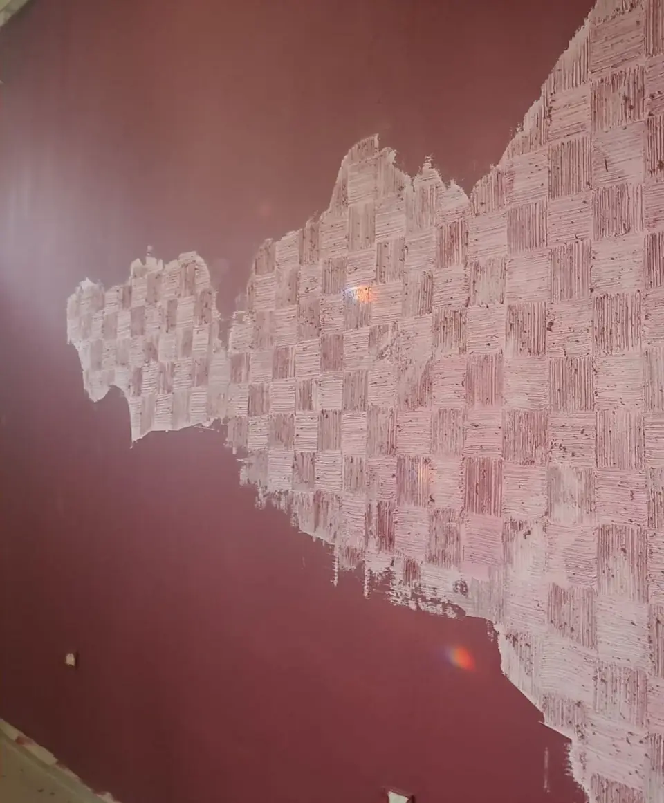 La parete bordeaux della sala, decorata a stampo