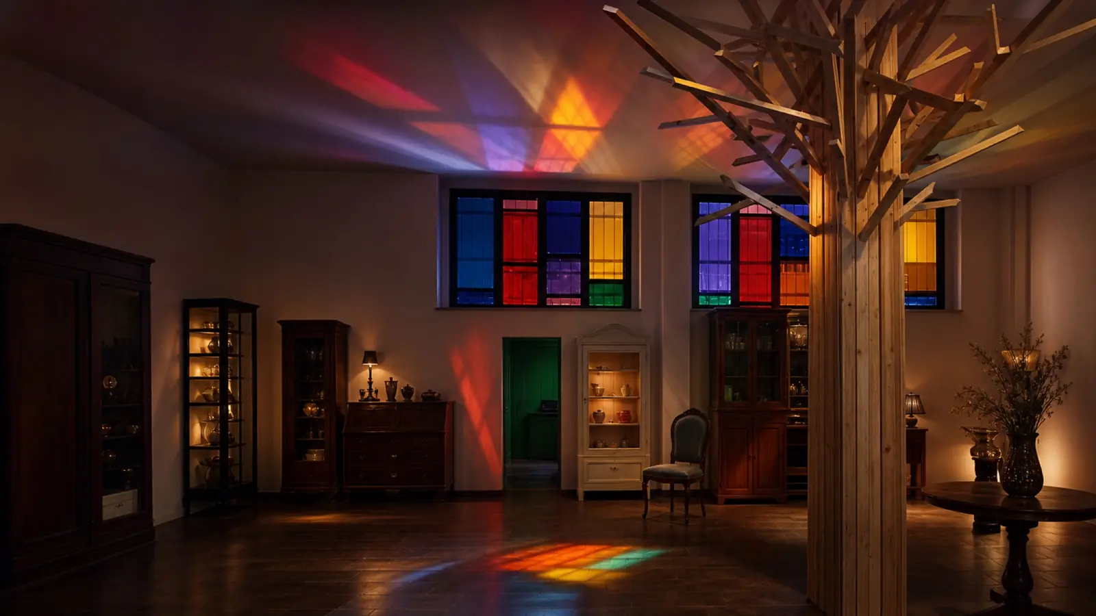 Render di progetto: la sala di sera con l’albero di legno illuminato